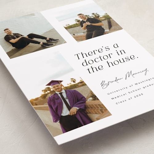 This is a domino graduation announcements with standard by Corinne Malesic called doctor in the house printing on recycled smooth signature in standard