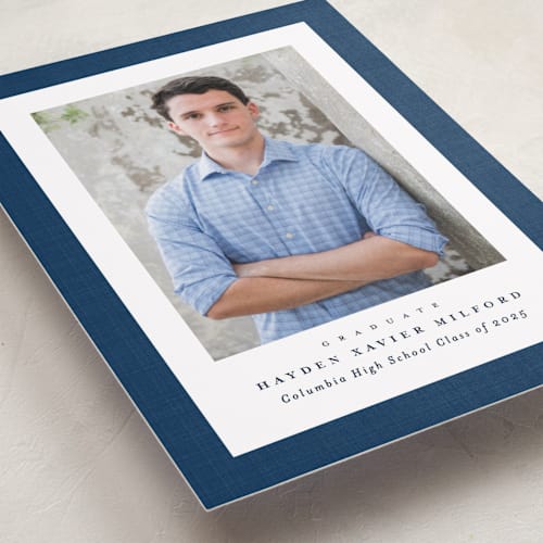 This is a jeans graduation announcements with standard by Lea Delaveris called linen frame printing on recycled smooth signature in standard