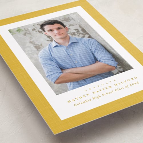 This is a marigold graduation announcements with standard by Lea Delaveris called linen frame printing on recycled smooth signature in standard