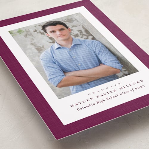 This is a berry graduation announcements with standard by Lea Delaveris called linen frame printing on recycled smooth signature in standard