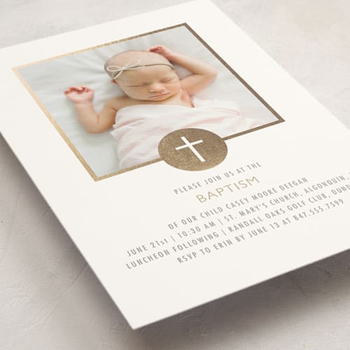 This is a champagne baptism and christening announcements with foil pressed by Erin Deegan called golden cross printing on signature in standard