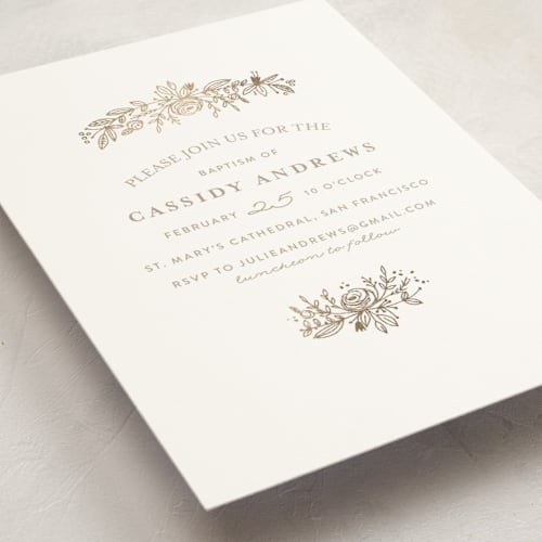 This is a golden baptism and christening announcements with foil pressed by Phrosné Barwood called perfect posey printing on signature in standard