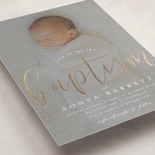 This is a snow baptism and christening announcements with foil pressed by Leah Bisch called sweet script printing on signature in standard