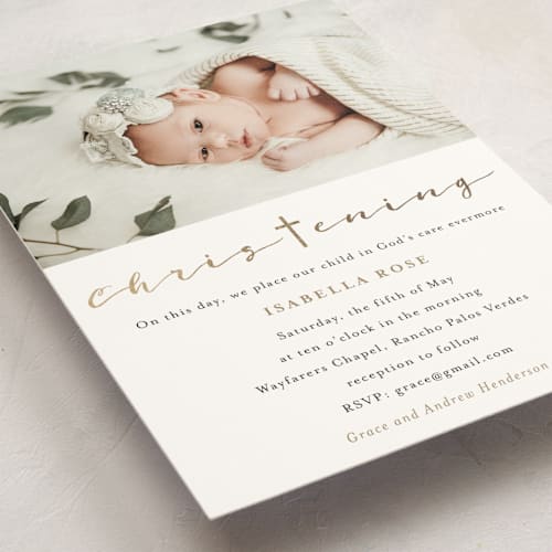 This is a powder baptism and christening announcements with foil pressed by Kampai Designs called blessed printing on signature in standard