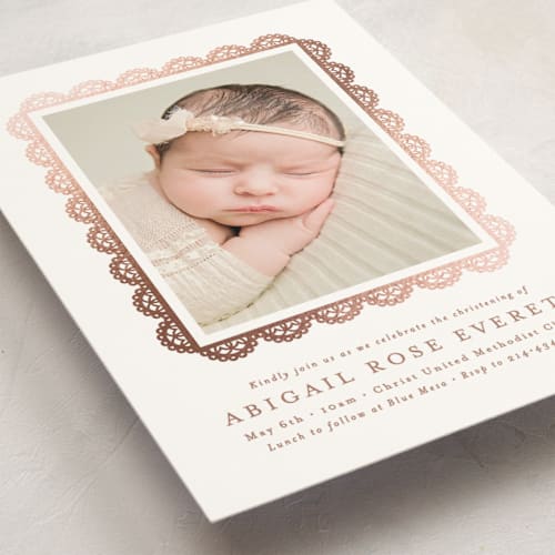 This is a purity baptism and christening announcements with foil pressed by Susan Asbill called gilded lace printing on signature in standard