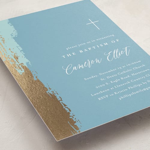 This is a azure baptism and christening announcements with foil pressed by Carolyn MacLaren called artsy printing on signature in standard