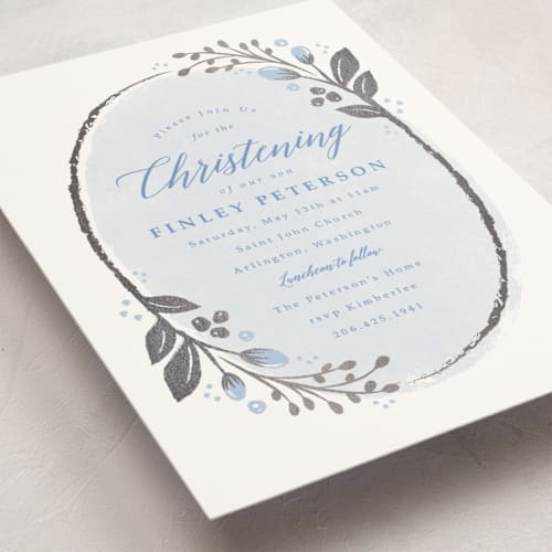 This is a powder blue baptism and christening announcements with foil pressed by Karidy Walker called woodland wreath printing on signature in standard