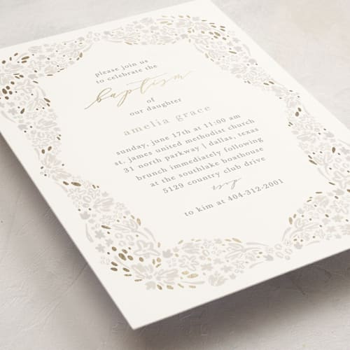 This is a mist baptism and christening announcements with foil pressed by Julie Murray called baptism floral printing on signature in standard