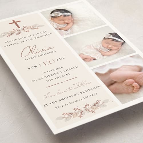 This is a cream baptism and christening announcements with foil pressed by Oma N. Ramkhelawan called stacked blessing printing on signature in standard