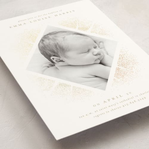 This is a almond baptism and christening announcements with foil pressed by Lori Wemple called shining baptism printing on signature in standard