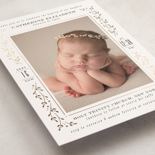This is a snow baptism and christening announcements with foil pressed by Ana de Sousa called little angel printing on signature in standard