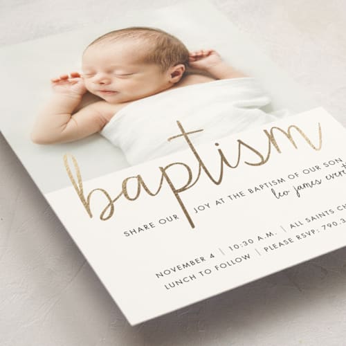 This is a snow baptism and christening announcements with foil pressed by Luckybug Designs called all clean printing on signature in standard