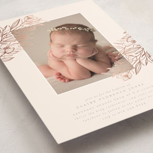 This is a pastel peach baptism and christening announcements with foil pressed by Grace Kreinbrink called dogwood branches printing on signature in standard