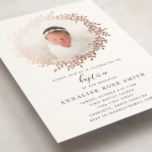 This is a onyx baptism and christening announcements with foil pressed by Alethia Frye called classic laurel wreath printing on signature in standard