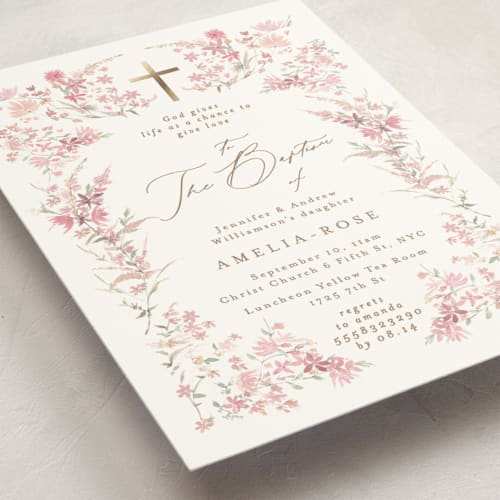 This is a powder baptism and christening announcements with foil pressed by Phrosné Barwood called meadow printing on signature in standard