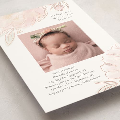 This is a peony baptism and christening announcements with foil pressed by Nicoletta Savod called sweet peony printing on signature in standard