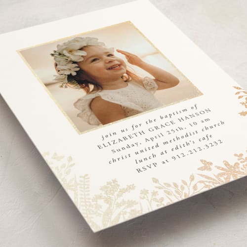 This is a powder baptism and christening announcements with foil pressed by Susan Asbill called garden printing on signature in standard
