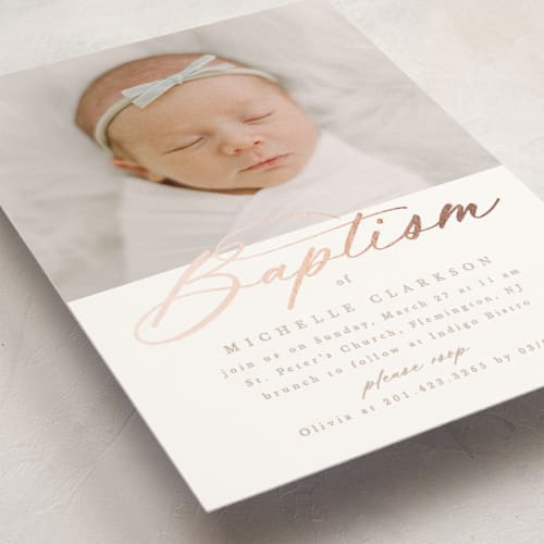 This is a toffee baptism and christening announcements with foil pressed by Creo Study called luxe script printing on signature in standard