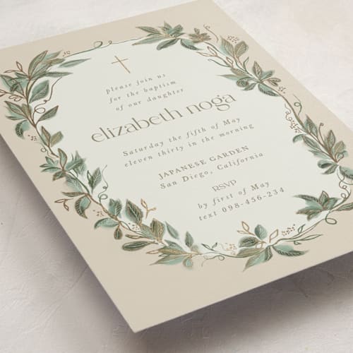 This is a seashell baptism and christening announcements with foil pressed by Lucrecia Caporale called sweet botanical wreath printing on signature in standard