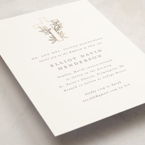 This is a sand baptism and christening announcements with foil pressed by Creo Study called gilded cross printing on signature in standard