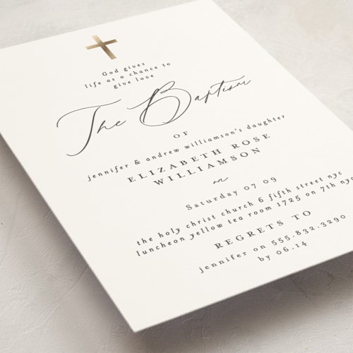 This is a cloud baptism and christening announcements with foil pressed by Phrosné Barwood called simple cross printing on signature in standard