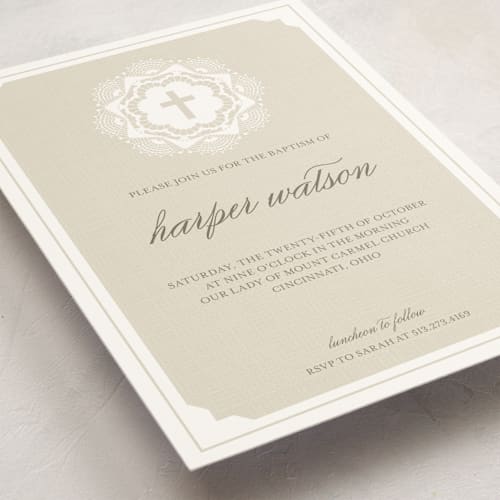 This is a cappuccino baptism and christening announcements with standard by Carrie ONeal called grand lace printing on signature in standard
