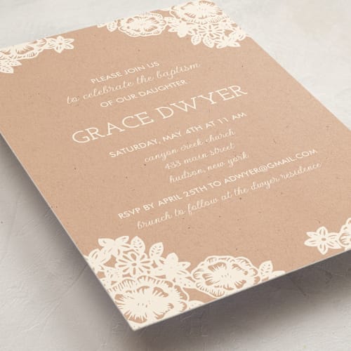 This is a kraft baptism and christening announcements with standard by Katharine Watson called lace and kraft printing on signature in standard