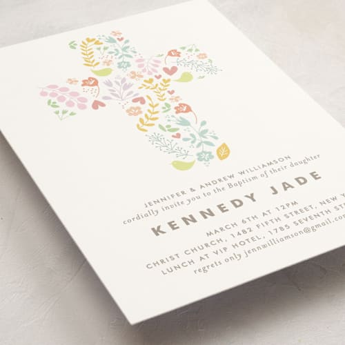 This is a spring baptism and christening announcements with standard by Phrosné Barwood called happy printing on signature in standard