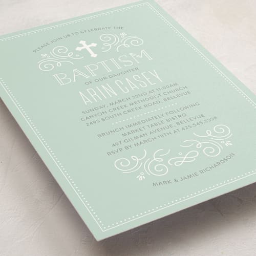 This is a spearmint baptism and christening announcements with standard by Jessica Williams called creamy swirls printing on signature in standard