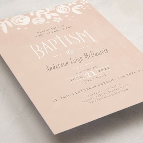 This is a blush baptism and christening announcements with standard by Jennifer Wick called baby's breath printing on signature in standard