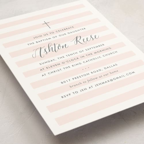 This is a blush baptism and christening announcements with standard by Lauren Chism called sleek printing on signature in standard