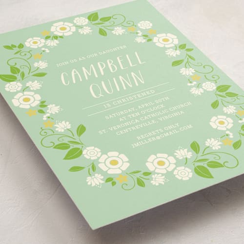 This is a seafoam baptism and christening announcements with standard by That Girl Press called fleurs fraiche printing on signature in standard