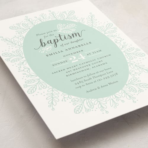 This is a mint baptism and christening announcements with standard by Jessica Williams called whimsical wreath printing on signature in standard
