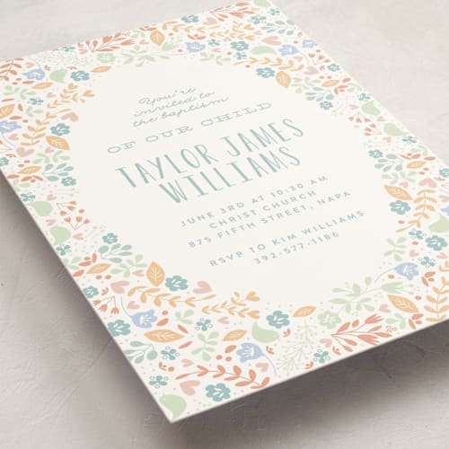 This is a bluebell baptism and christening announcements with standard by Phrosné Barwood called floral framed printing on signature in standard