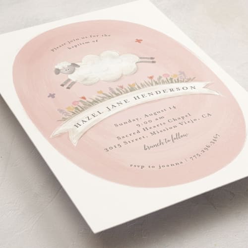 This is a cupcake baptism and christening announcements with standard by Joanna Griffin called woolly lamb printing on signature in standard