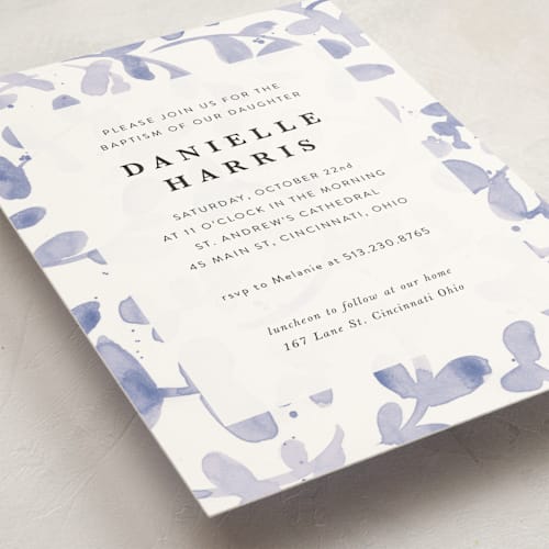 This is a lavender baptism and christening announcements with standard by Lea Velasquez called watercolor medley printing on signature in standard