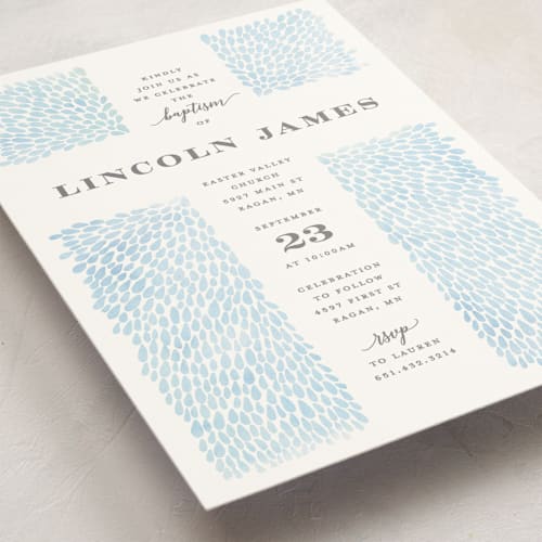 This is a powder blue baptism and christening announcements with standard by Michelle Taylor called water drops printing on signature in standard