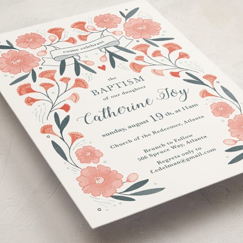 This is a rose baptism and christening announcements with standard by Paper Raven Co. called blooming garden baptism printing on signature in standard