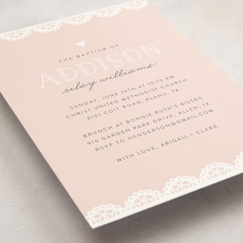 This is a blush baptism and christening announcements with standard by Susan Asbill called scalloped edge printing on signature in standard