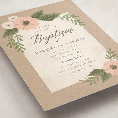 This is a rose baptism and christening announcements with standard by Karidy Walker called kraft and florals printing on signature in standard