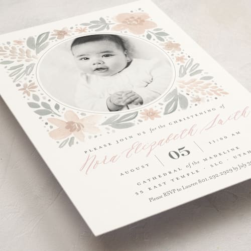 This is a blush baptism and christening announcements with standard by Robert and Stella called floral frame printing on signature in standard