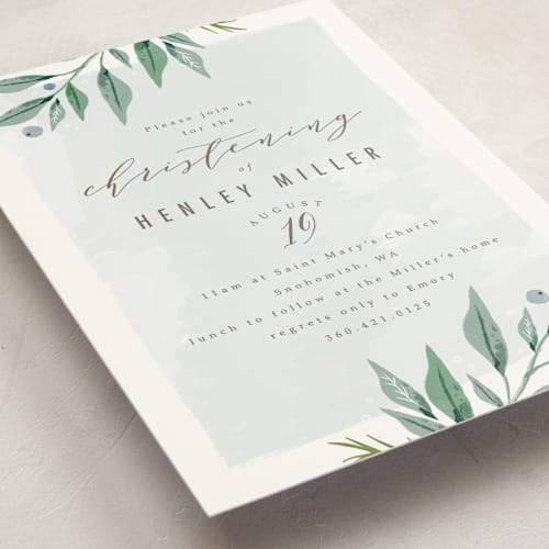 This is a sea breeze baptism and christening announcements with standard by Karidy Walker called soft branches printing on signature in standard