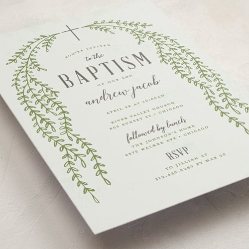This is a mint baptism and christening announcements with standard by Michelle Taylor called sweet vines printing on signature in standard
