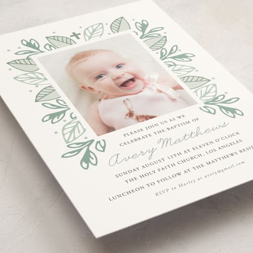 This is a evergreen baptism and christening announcements with standard by Oma N. Ramkhelawan called botanical printing on signature in standard