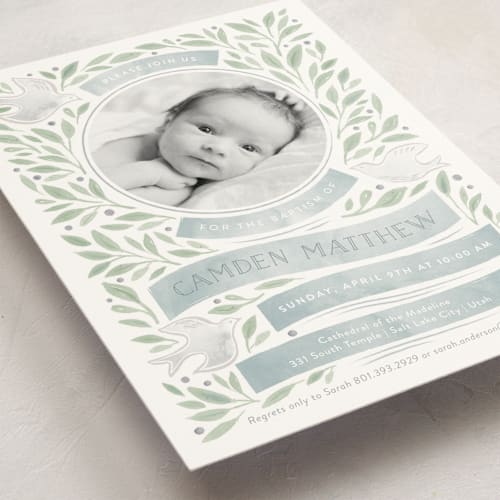 This is a dusty blue baptism and christening announcements with standard by Robert and Stella called olive branches printing on signature in standard