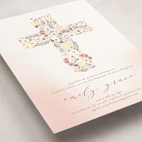 This is a blush baptism and christening announcements with standard by Phrosné Barwood called organic cross printing on signature in standard
