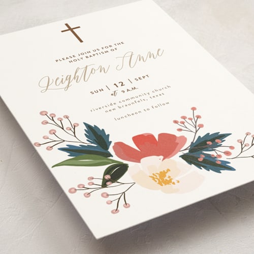 This is a salmon baptism and christening announcements with standard by Haley Warner called flowerscape printing on signature in standard