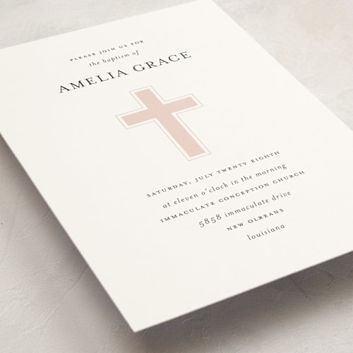 This is a rose baptism and christening announcements with standard by Chasity Smith called elegant cross printing on signature in standard