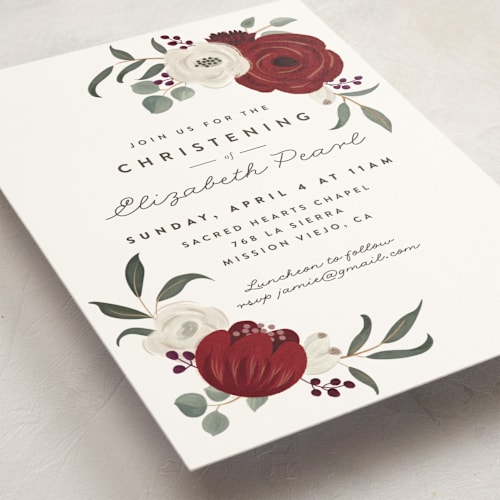 This is a scarlet baptism and christening announcements with standard by Joanna Griffin called floral christening printing on signature in standard