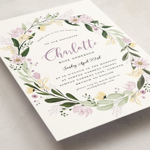 This is a lavender baptism and christening announcements with standard by Susan Moyal called floral sprinkle printing on signature in standard
